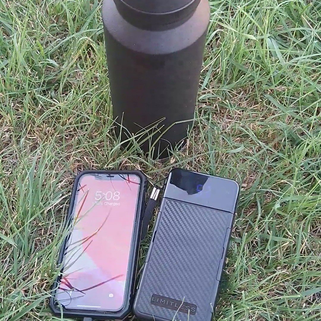 power bank, mobile and water bottle