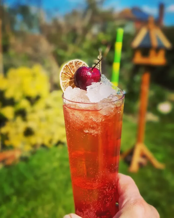 Shirley Temple mocktail in hand