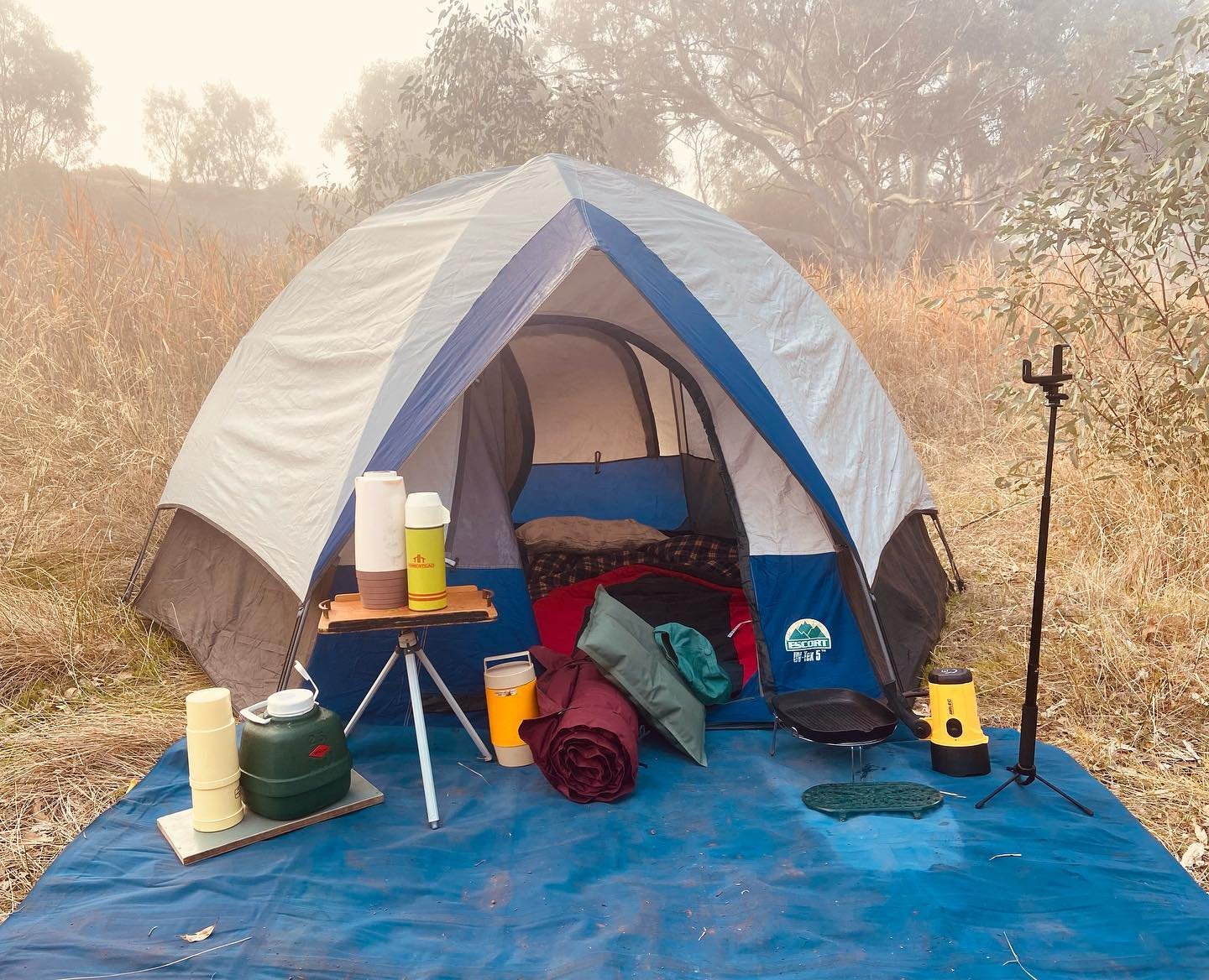 tent camping with gears