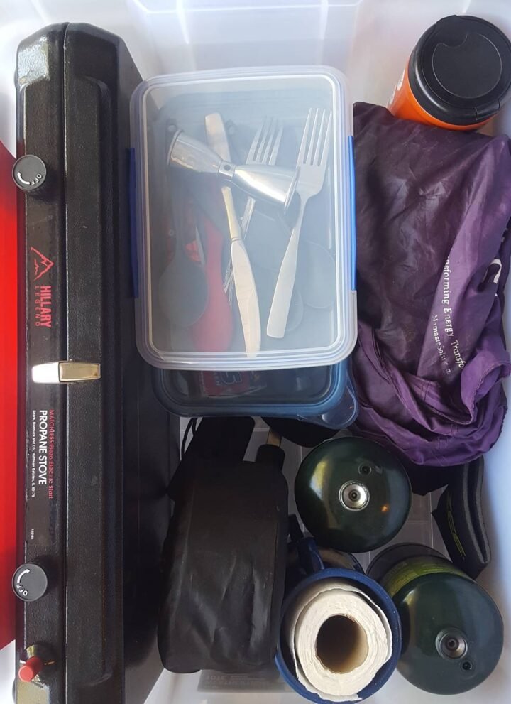 camping gear stored and organized