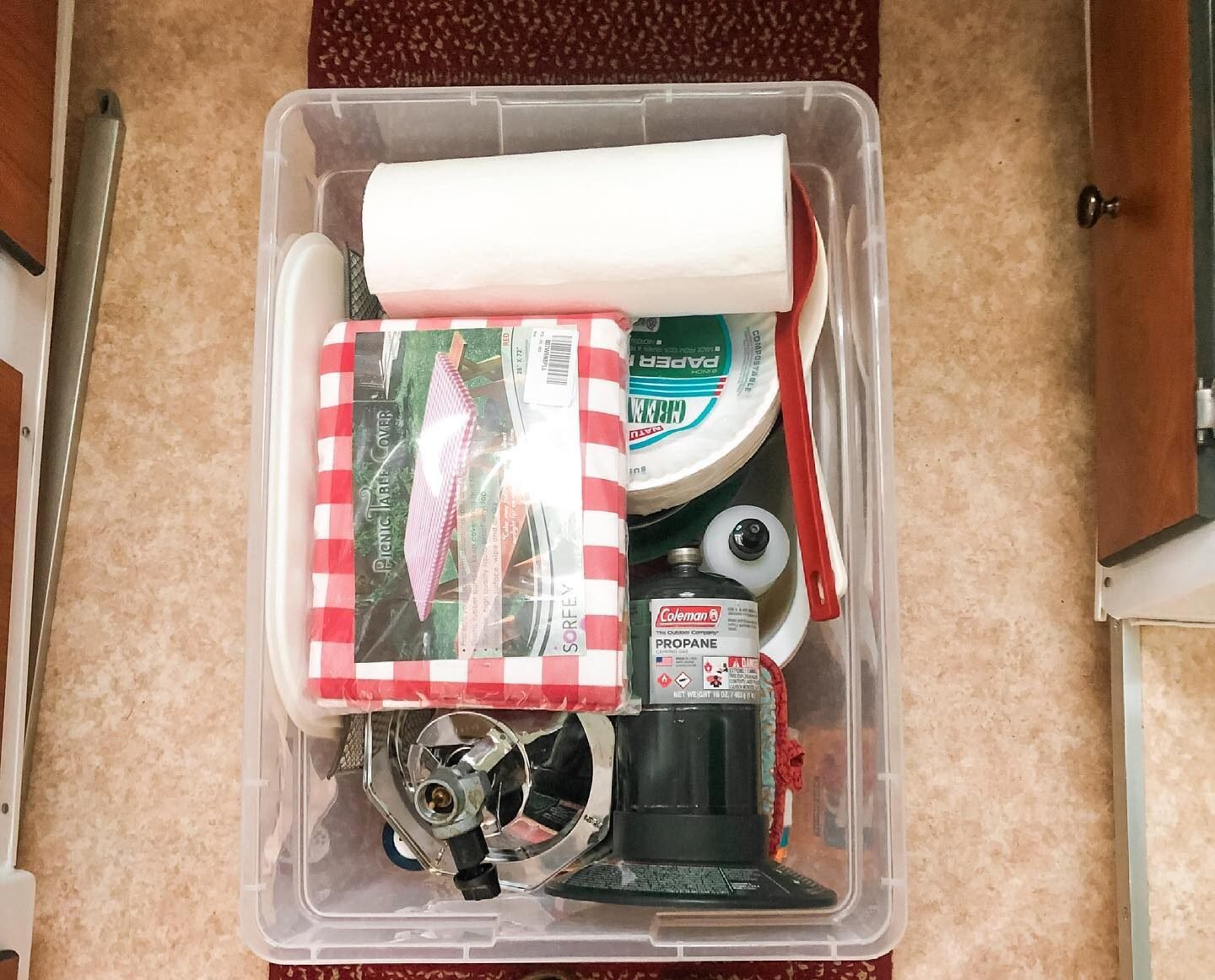 cooking set in clear bin