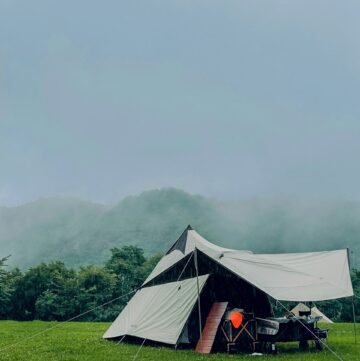 camping tent with tarp open
