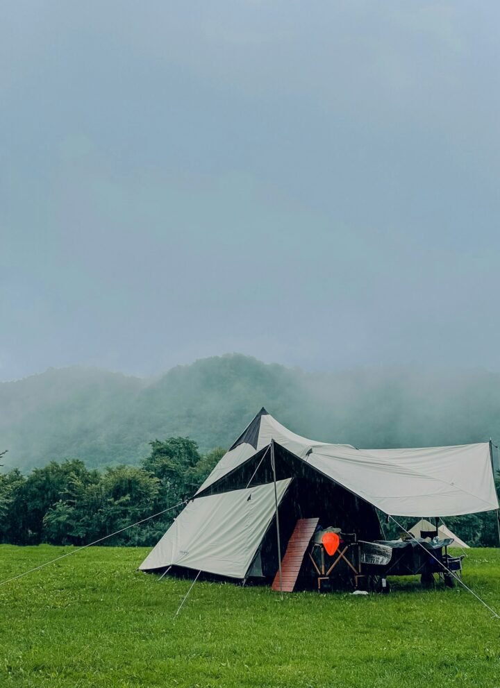 camping tent with tarp open